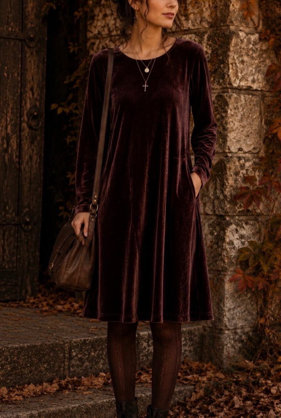 New Ronni Nicole Brown Velvet Swing Dress Long Sleeve Y2K whimsigoth Stretch 14